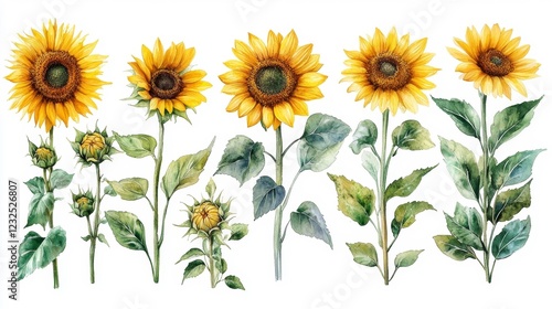 Watercolor Sunflower Collection on White Background. Generative AI