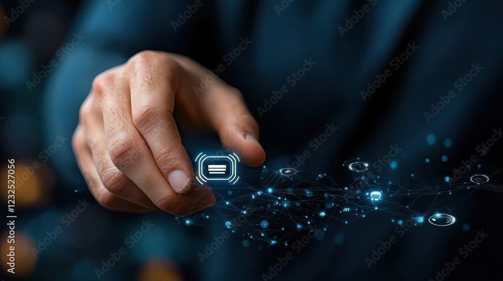 Futuristic technology concept with a hand activating a digital interface showcasing intelligence and advanced communication systems of the future Futuristic technology concept with a hand activating a digital interface showcasing intelligence and advanced communication systems of the future