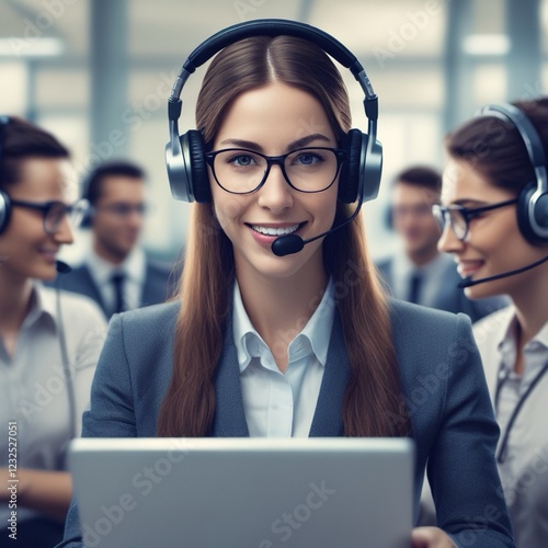 Femme qui travaille dans un call center, hotline téléphonique  photo