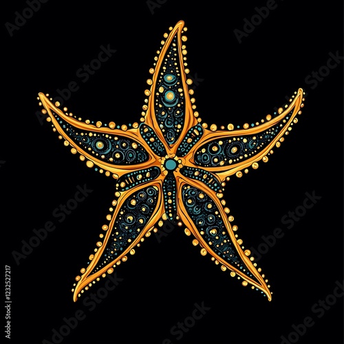 Ornate Starfish Design on Black Background, Decorative Art, possible use in graphic design photo