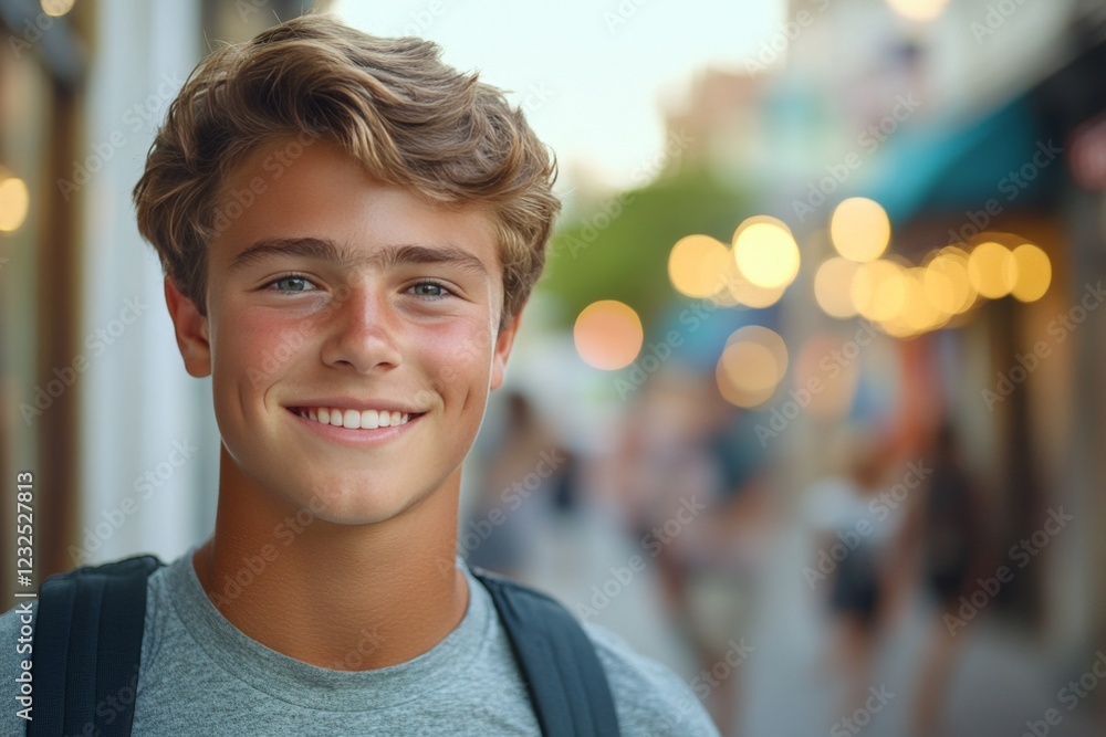 Young man smiles brightly while walking through a lively street at sunset filled with blurred lights and summer energy Young man smiles brightly while walking through a lively street at sunset filled with blurred lights and summer energy