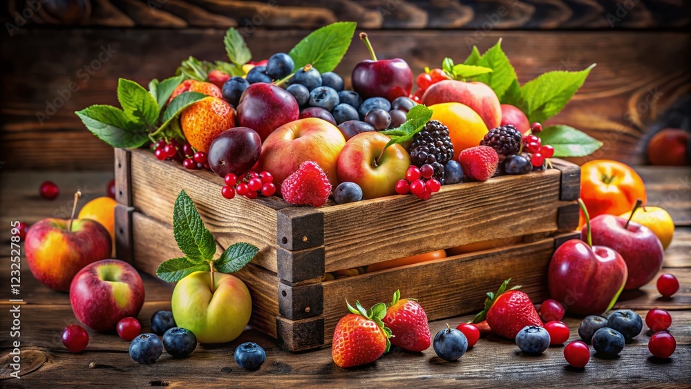 Fresh Assorted Fruit in Wooden Crate - Vibrant Summer Produce Fresh Assorted Fruit in Wooden Crate - Vibrant Summer Produce