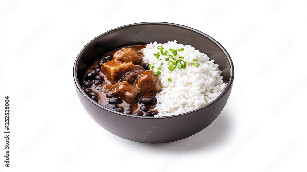 Hearty Black Bean Stew with Rice in Brown Bowl Hearty Black Bean Stew with Rice in Brown Bowl