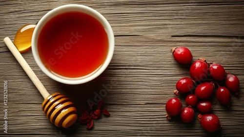 A flat lay of rosehip tea in a white cup with a honey dipper and fresh rosehips on a wooden surface photo