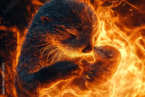 Mother otter embraces her baby in a captivating fiery background during a magical moment of connection photo