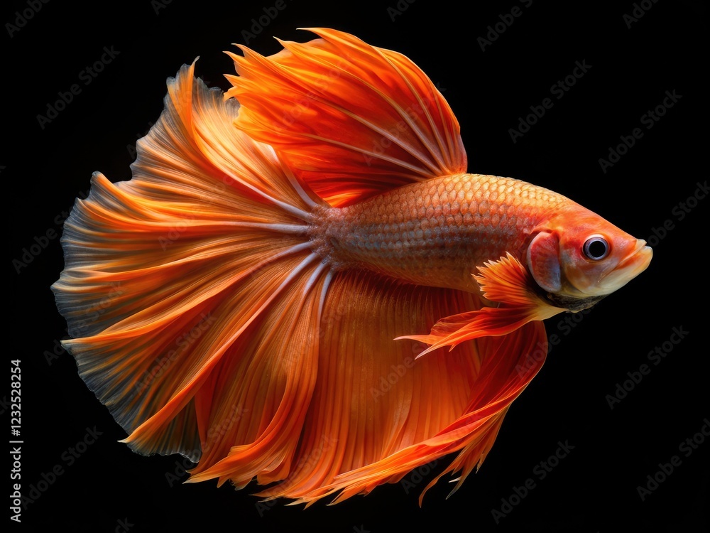 A vibrant orange betta showcases its elegant fins, beautifully isolated against a black background. A vibrant orange betta showcases its elegant fins, beautifully isolated against a black background.