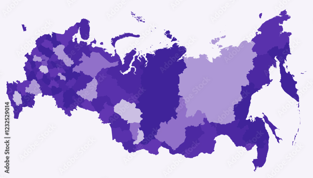 Obraz premium Map of Russia with regions. Just a simple country border map with region division. Deep purple color palette. Blank Russian Federation shape with administrative division. Vector illustration.