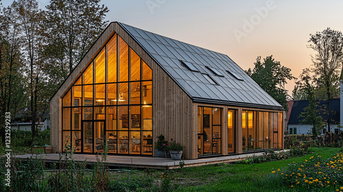 Wallpaper Mural Wooden Building with Large Windows and Solar Panels at Dusk in Countryside Torontodigital.ca