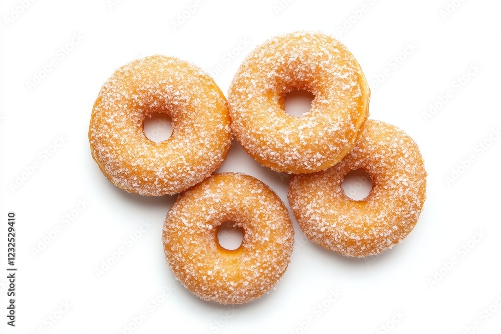 Four sugar-coated donuts arranged on a white background, viewed from directly above. Four sugar-coated donuts arranged on a white background, viewed from directly above.