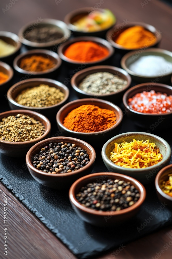 Close-up of Assorted Spices in Rustic Bowls, Vibrant Culinary Ingredients in Soft Natural Light Close-up of Assorted Spices in Rustic Bowls, Vibrant Culinary Ingredients in Soft Natural Light