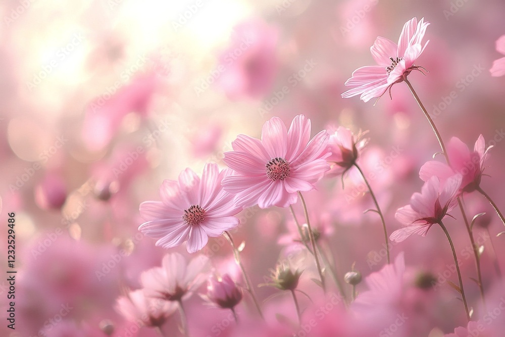 Pink flowers bloom in a vibrant field under soft sunlight during springtime, creating a serene atmosphere of natural beauty Pink flowers bloom in a vibrant field under soft sunlight during springtime, creating a serene atmosphere of natural beauty