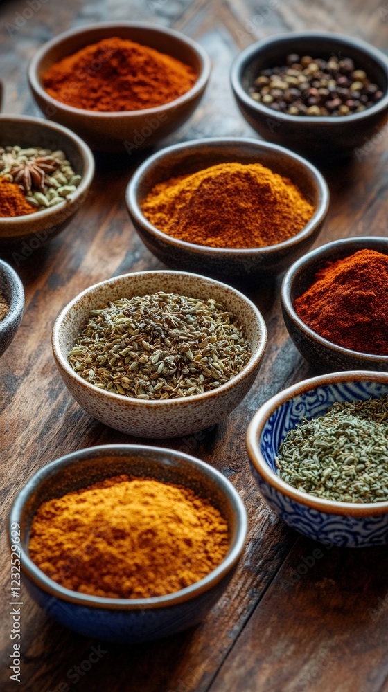 Close-up of Assorted Spices in Rustic Bowls, Vibrant Culinary Ingredients in Soft Natural Light Close-up of Assorted Spices in Rustic Bowls, Vibrant Culinary Ingredients in Soft Natural Light