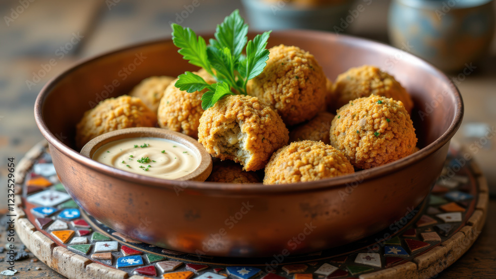 A bowl of golden brown breaded fried food, accompanied by a dipping sauce on a colorful placemat. A bowl of golden brown breaded fried food, accompanied by a dipping sauce on a colorful placemat.