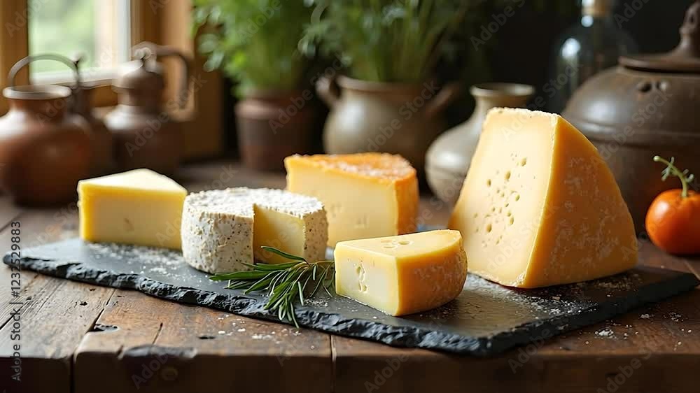 Assortment of Cheeses on Slate Board with Rustic Background