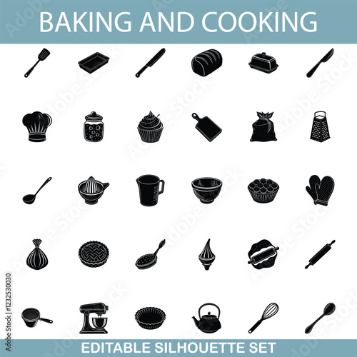 Baking and Cooking Editable Silhouette Icons Utensils, Ingredients, and More
