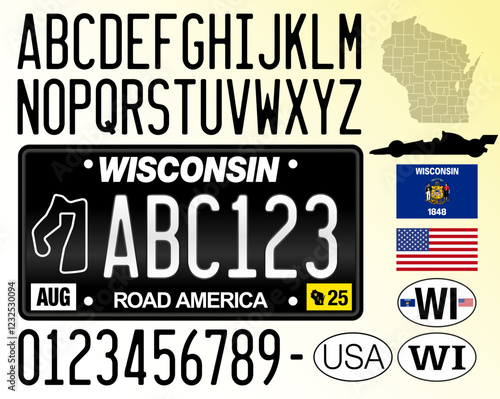 Wisconsin Road America license plate black pattern, letters, numbers and symbols, USA, United States of America, vector illustration