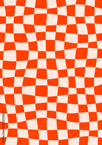 Retro background with abstract psychedelic checkerboard. Groovy red checkered pattern. Trendy plaid vector texture in abstract y2k style. Vector graphic for posters and art prints