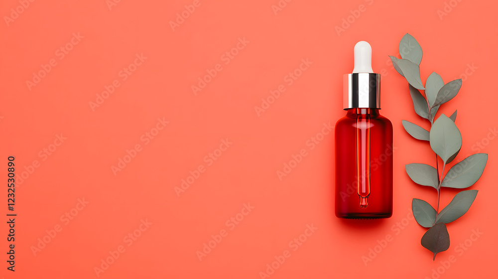 Red glass dropper bottle with silver lid and eucalyptus leaves, a clean and modern design ideal for essential oils or herbal products, with a sleek and elegant appearance.
Red glass dropper bottle with silver lid and eucalyptus leaves, a clean and modern design ideal for essential oils or herbal products, with a sleek and elegant appearance.