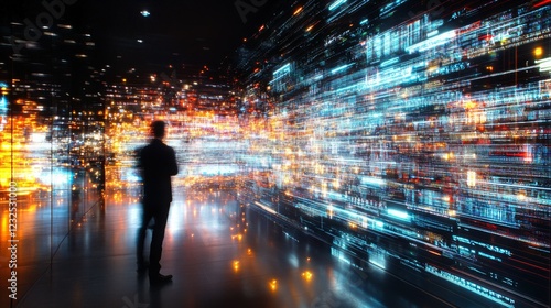 Exploring vibrant digital landscapes in a futuristic urban environment at night