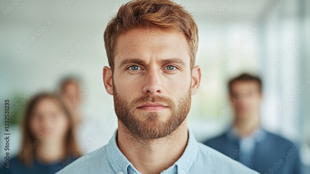 A focused young man with a beard stands in the foreground, while blurred figures are seen in the background, suggesting a professional or team setting. A focused young man with a beard stands in the foreground, while blurred figures are seen in the background, suggesting a professional or team setting.