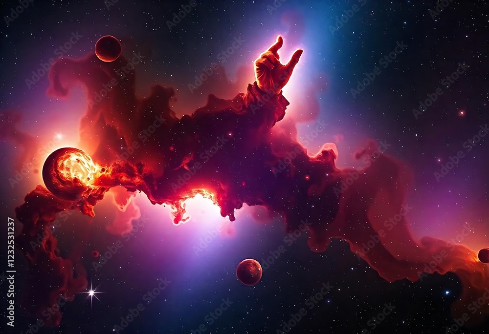 Fototapeta premium Cosmic Hand Reaching Across Nebulae and Planets