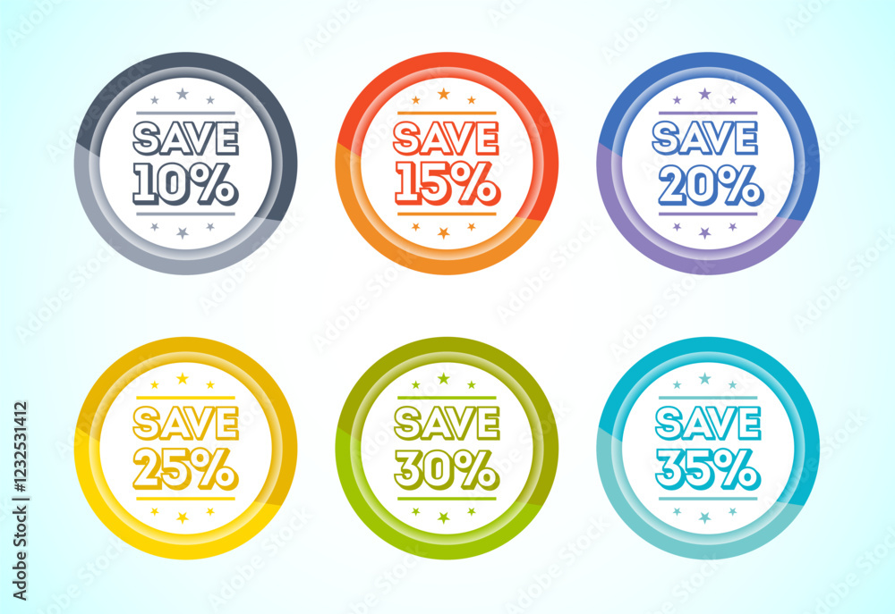 Obraz premium Save 5, 10, 15, 20, 25, and 30 percent icon, banner, sticker for business, marketing and advertising