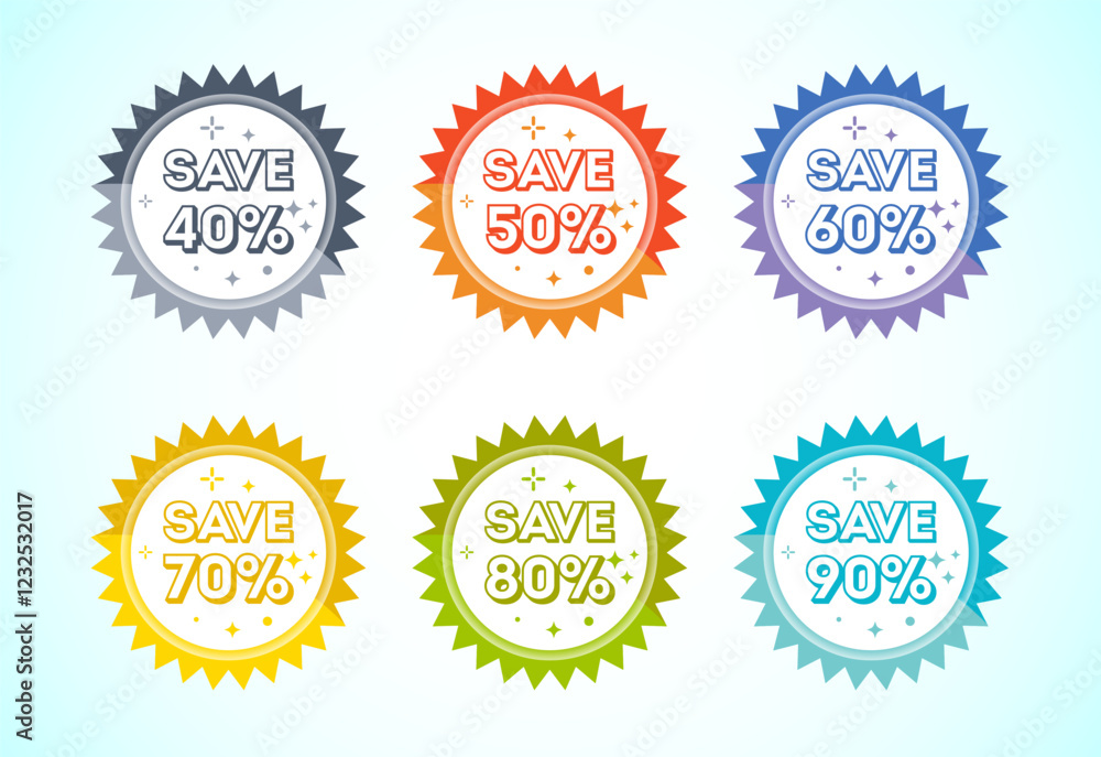 Save 40, 50, 60, 70, 80, and 90 percent icon, banner, sticker for business, marketing and advertising Save 40, 50, 60, 70, 80, and 90 percent icon, banner, sticker for business, marketing and advertising