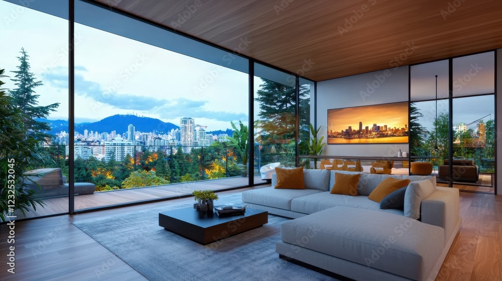 Fototapeta premium Luxury modern living room interior with floor to ceiling windows offering a panoramic view of the city skyline and natural landscape The space features contemporary furniture smart home technology