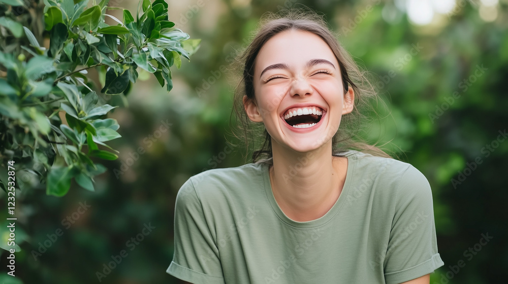 Unbridled Joy: A young woman with radiant smile and bright eyes laughs heartily outdoors amidst a vibrant green foliage. The image captures pure, unadulterated happiness. Unbridled Joy: A young woman with radiant smile and bright eyes laughs heartily outdoors amidst a vibrant green foliage. The image captures pure, unadulterated happiness.