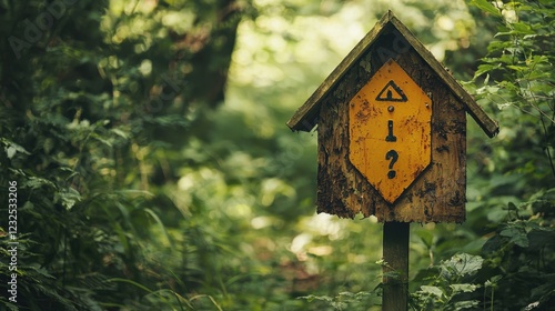 Safety Warning Sign in a Lush Forest Pathway Surrounded by Greenery