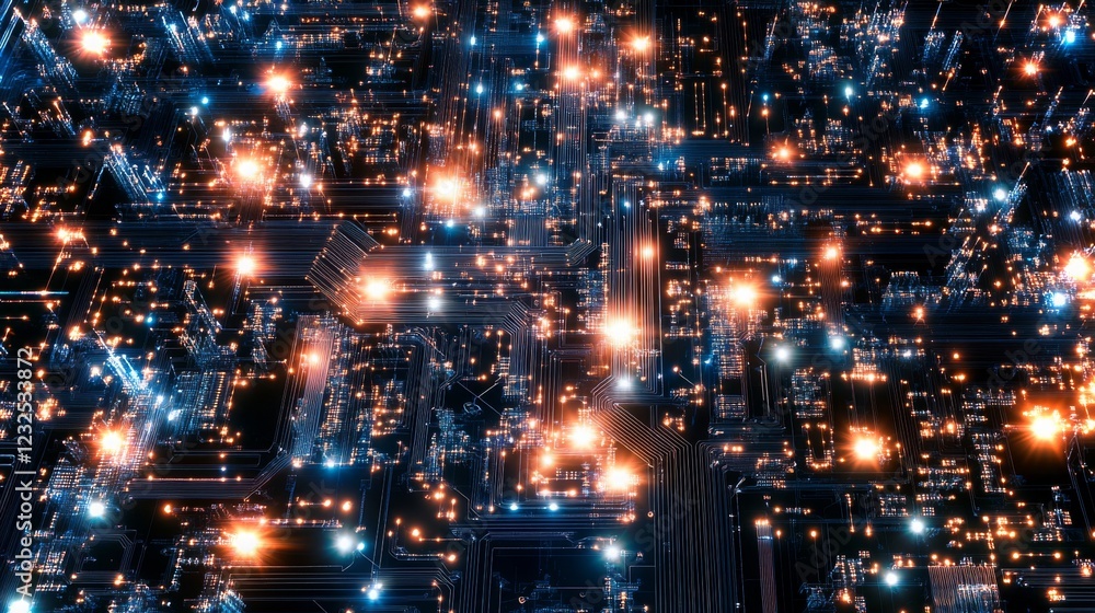 Fototapeta premium Visual representation of digital circuits with luminous nodes in 4K resolution