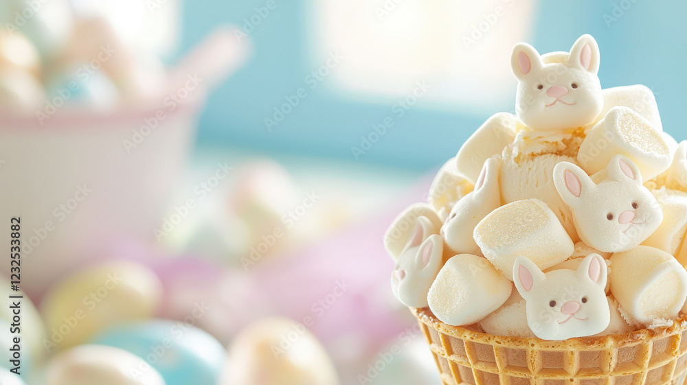 delightful ice cream cone topped with bunny shaped marshmallows, perfect for spring celebrations delightful ice cream cone topped with bunny shaped marshmallows, perfect for spring celebrations