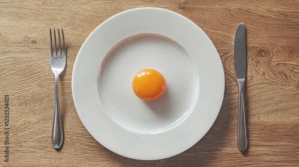Single Bright Egg Yolk Centered on White Plate with Silver Cutlery Single Bright Egg Yolk Centered on White Plate with Silver Cutlery
