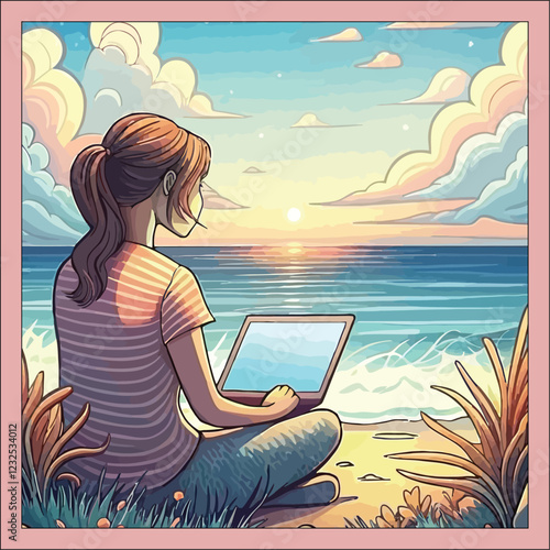 Woman working on laptop on the beach.