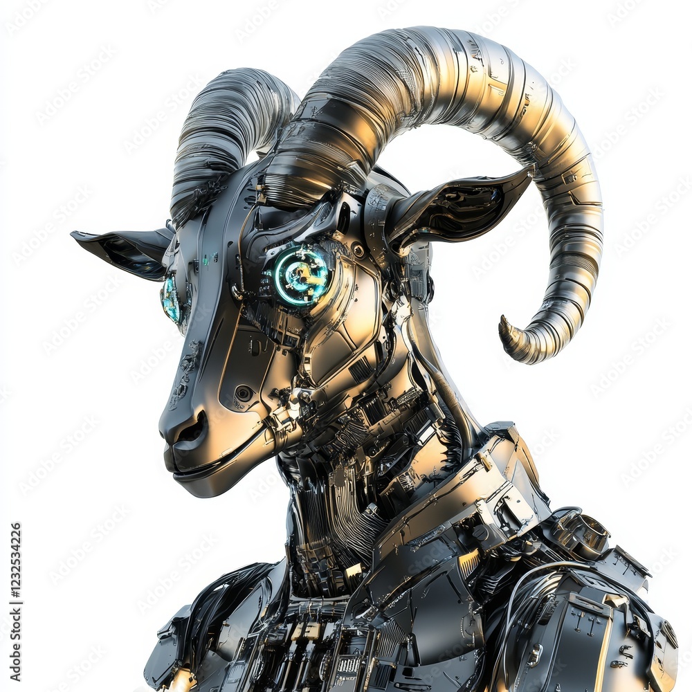 Futuristic Robot Goat with Metallic Features and LED Eyes Futuristic Robot Goat with Metallic Features and LED Eyes