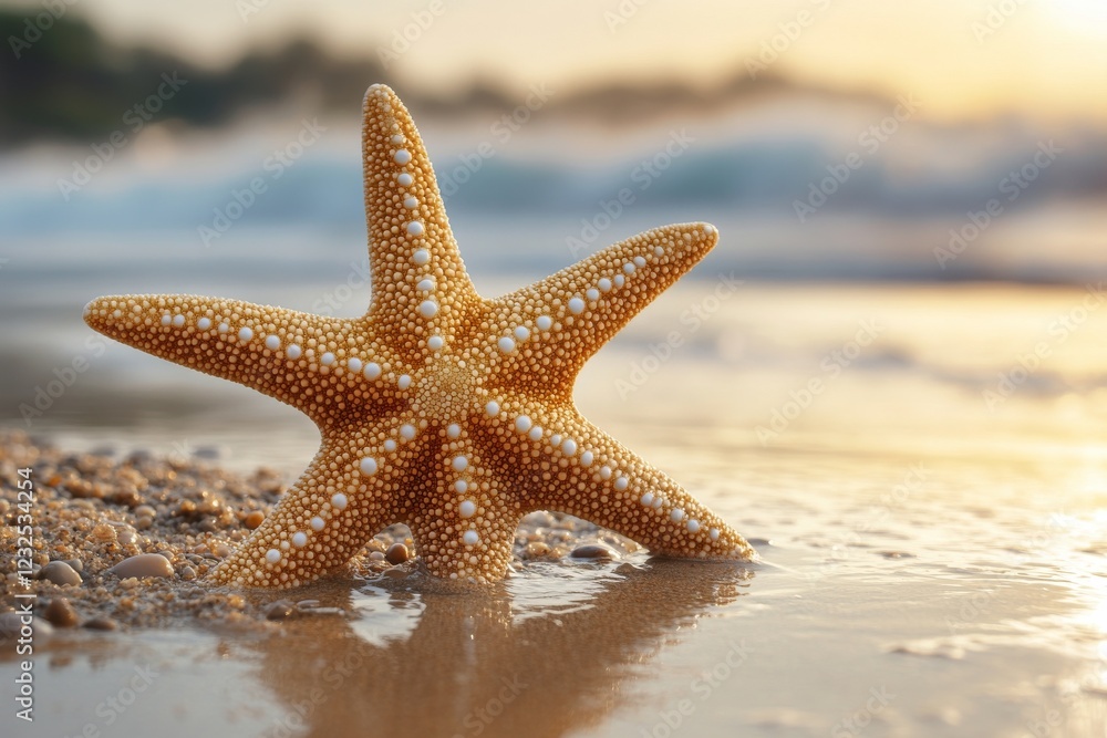 Starfish resting on sandy beach at sunset with gentle waves in the background Starfish resting on sandy beach at sunset with gentle waves in the background