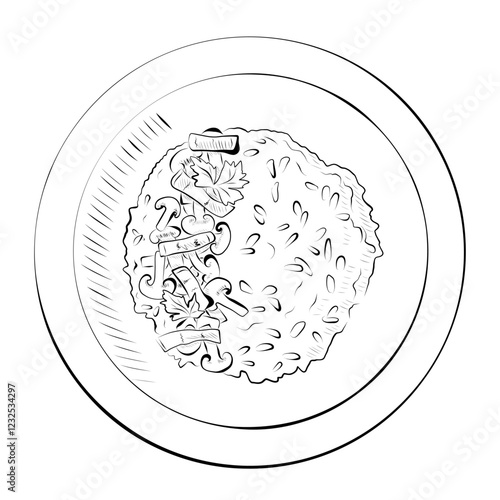 Line drawing. Food line art - plate with mushroom risotto.