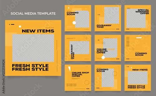 social media template banner blog fashion sale promotion. fully editable instagram and facebook square post frame puzzle organic sale poster. fresh yellow element shape vector background