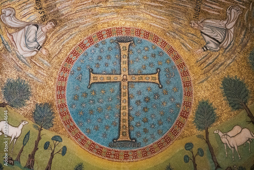 Ancient Byzantine Mosaic with Golden Cross and Religious Scene..