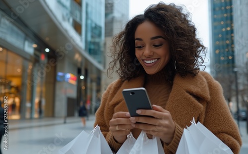 Smiling woman shopping in urban area while using smartphone on a cloudy day