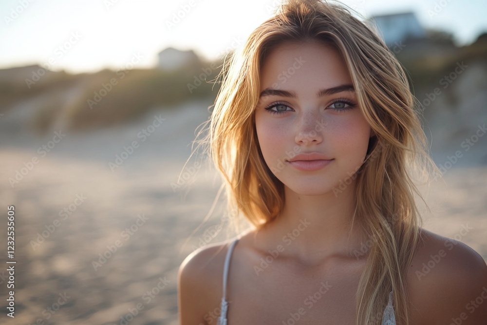 Young woman enjoys a sunset at the beach with soft waves gently lapping at the shore and a warm golden glow illuminating her face Young woman enjoys a sunset at the beach with soft waves gently lapping at the shore and a warm golden glow illuminating her face