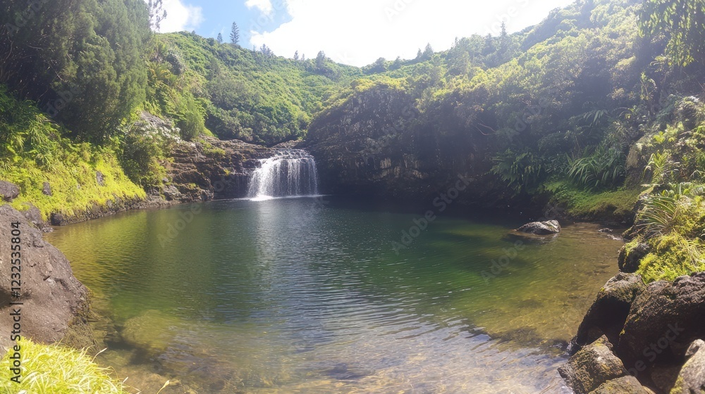 Waterfall cascading into tranquil pool, lush greenery, sunny day; travel brochure Waterfall cascading into tranquil pool, lush greenery, sunny day; travel brochure