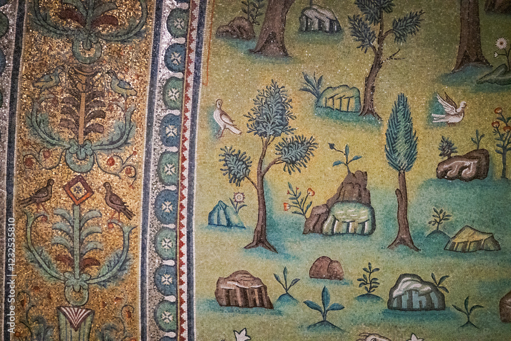Ancient Byzantine Mosaic with Sheep and Lush Landscape Ancient Byzantine Mosaic with Sheep and Lush Landscape