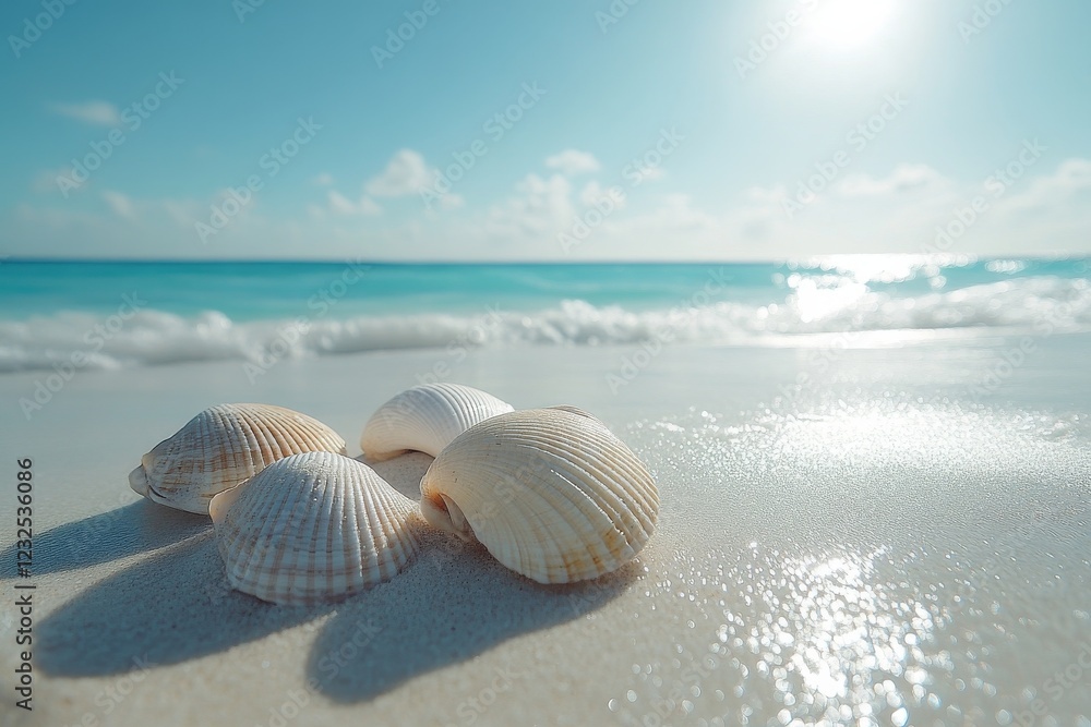 Seashells rest peacefully on a tranquil beach under a bright sun in a serene coastal landscape Seashells rest peacefully on a tranquil beach under a bright sun in a serene coastal landscape