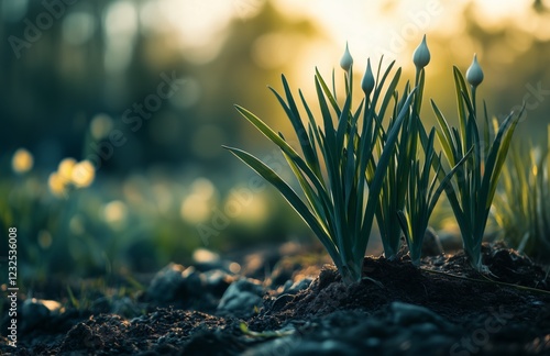 Vibrant green onions growing in a serene garden at sunset