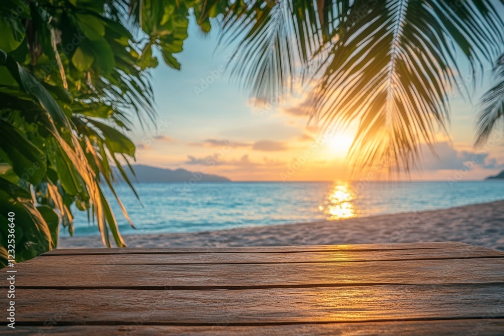 Relaxing sunset view over a tranquil beach with palm trees and gentle waves Relaxing sunset view over a tranquil beach with palm trees and gentle waves
