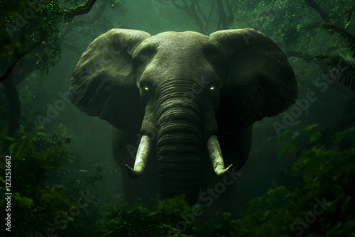 A massive, ghostly elephant with glowing tusks, walking through a jungle of ancient trees and vines.


