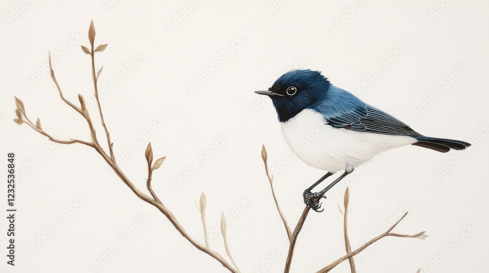 Black-capped chickadee perched on branch, spring buds, white background, nature illustration