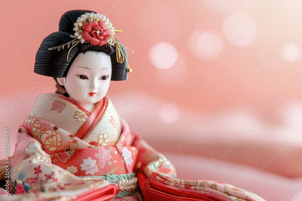 Japanese Hina doll dressed in a luxurious pink kimono with floral patterns, set against a soft pastel background. Perfect for celebrating Hinamatsuri or showcasing traditional Japanese craftsmanship Japanese Hina doll dressed in a luxurious pink kimono with floral patterns, set against a soft pastel background. Perfect for celebrating Hinamatsuri or showcasing traditional Japanese craftsmanship
