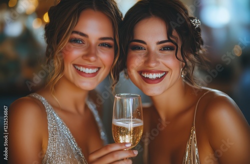 Friends celebrate with champagne at a festive gathering in an elegant venue d...
